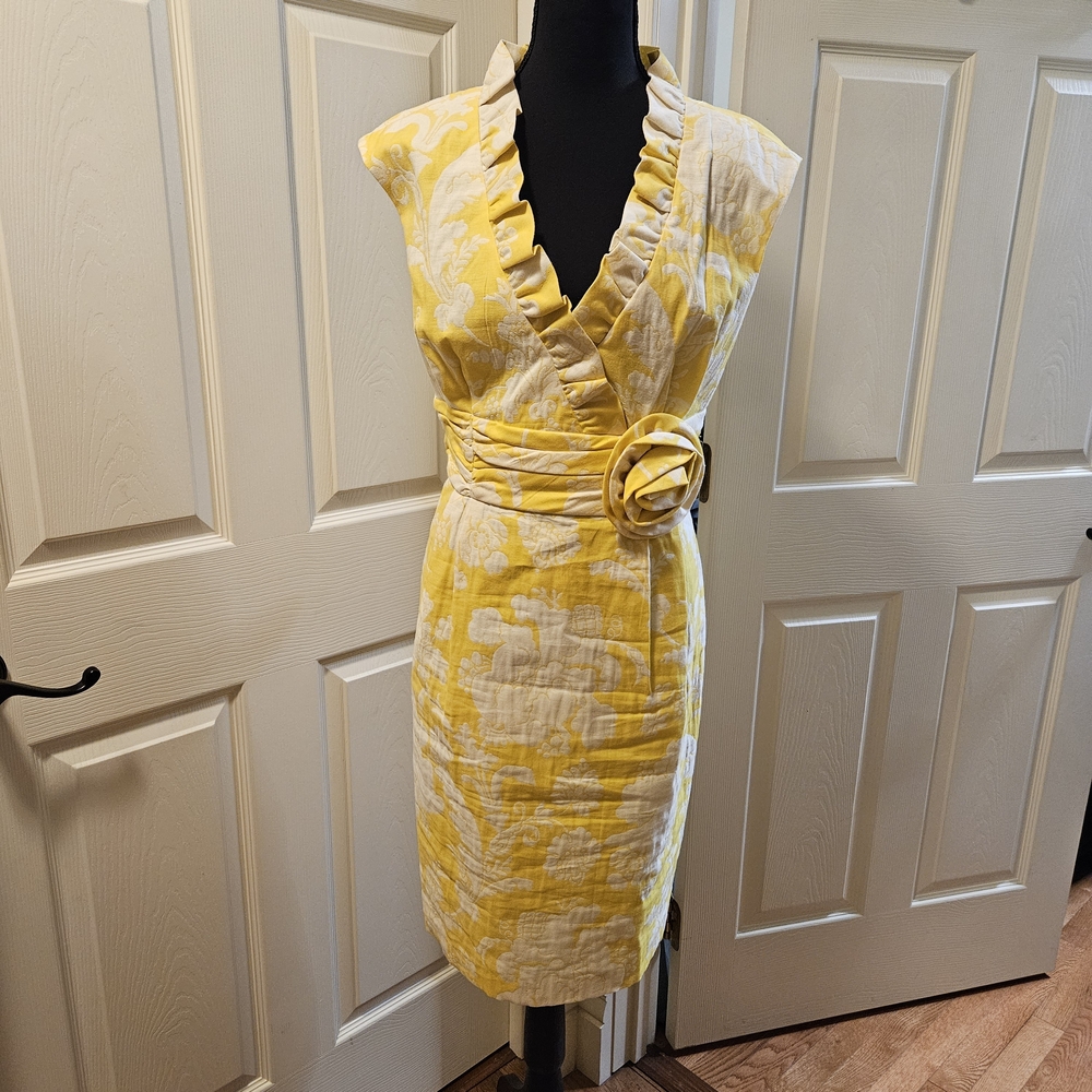 Jackie O Ruffle Collar Mad Men Sheath Dress Yellow White Floral Jacquard Sz 16